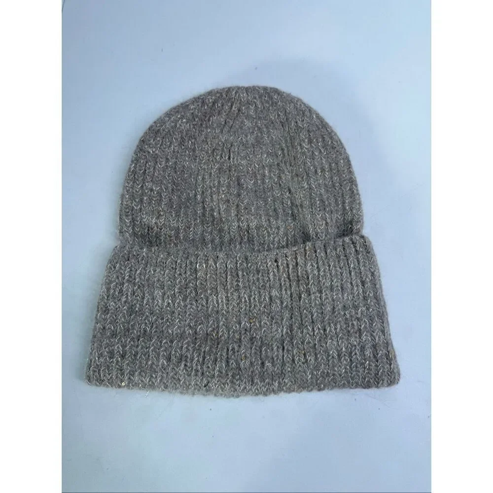 Women’s Tan Lurex Trim Beanie Hat Knit One Size Adult